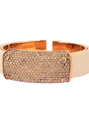 Signed Iconic Henri Bendel Double Hinged Cuff Bracelet Crystals Leather Vintage
